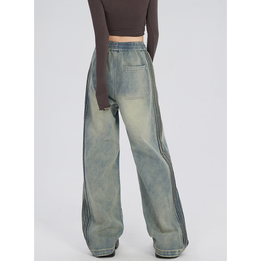 Side Wrinkle Design Elastic Waist Jeans