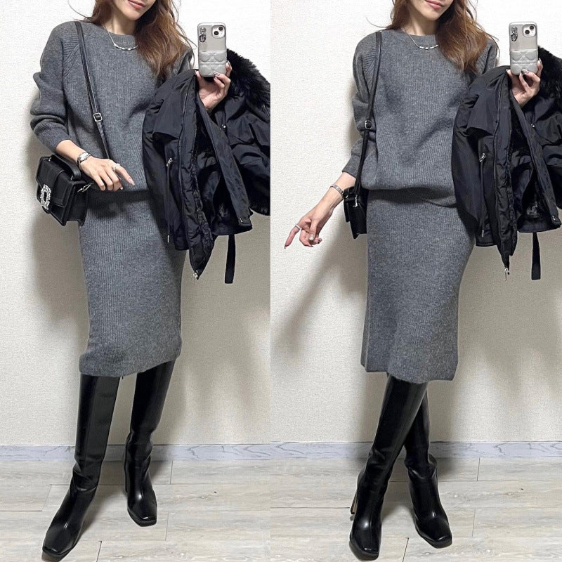 White Collar Thickness Knitted Two-piece Thermal Base Bandage Dress Suit