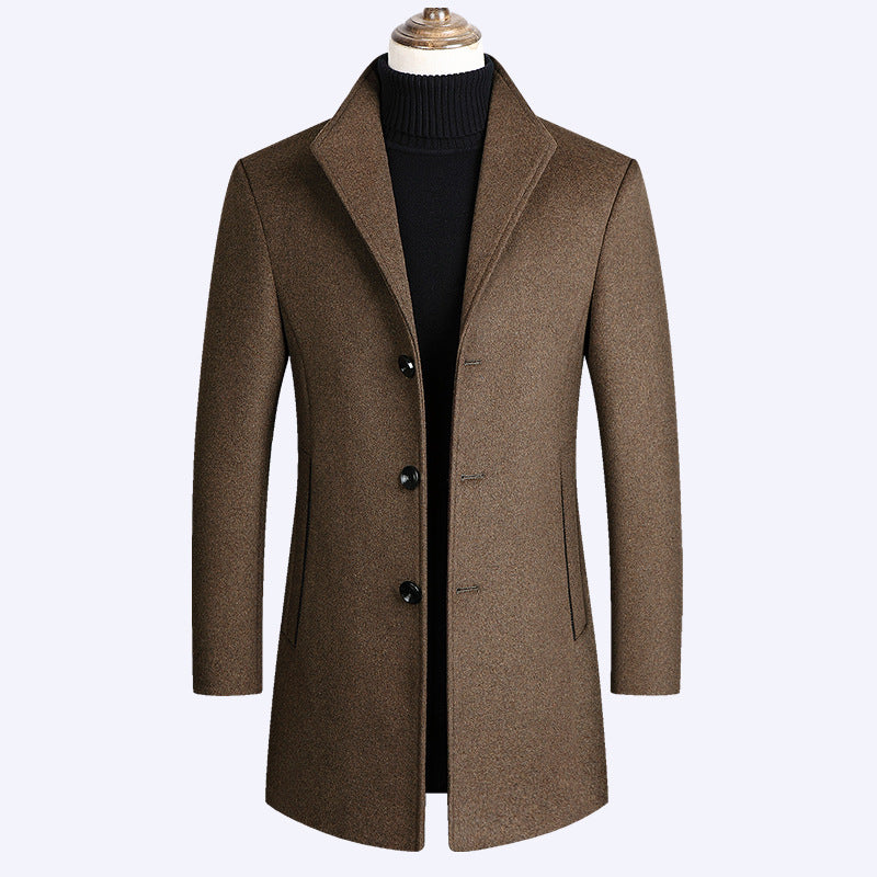 Shun Mao Youth Solid Color Casual Mid-length Woolen Coat
