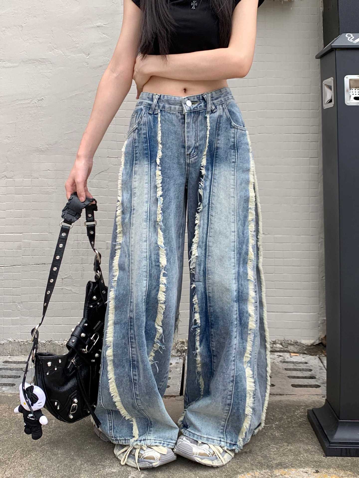 Retro High Waist Slimming Raw Edges Design Stitching Jeans