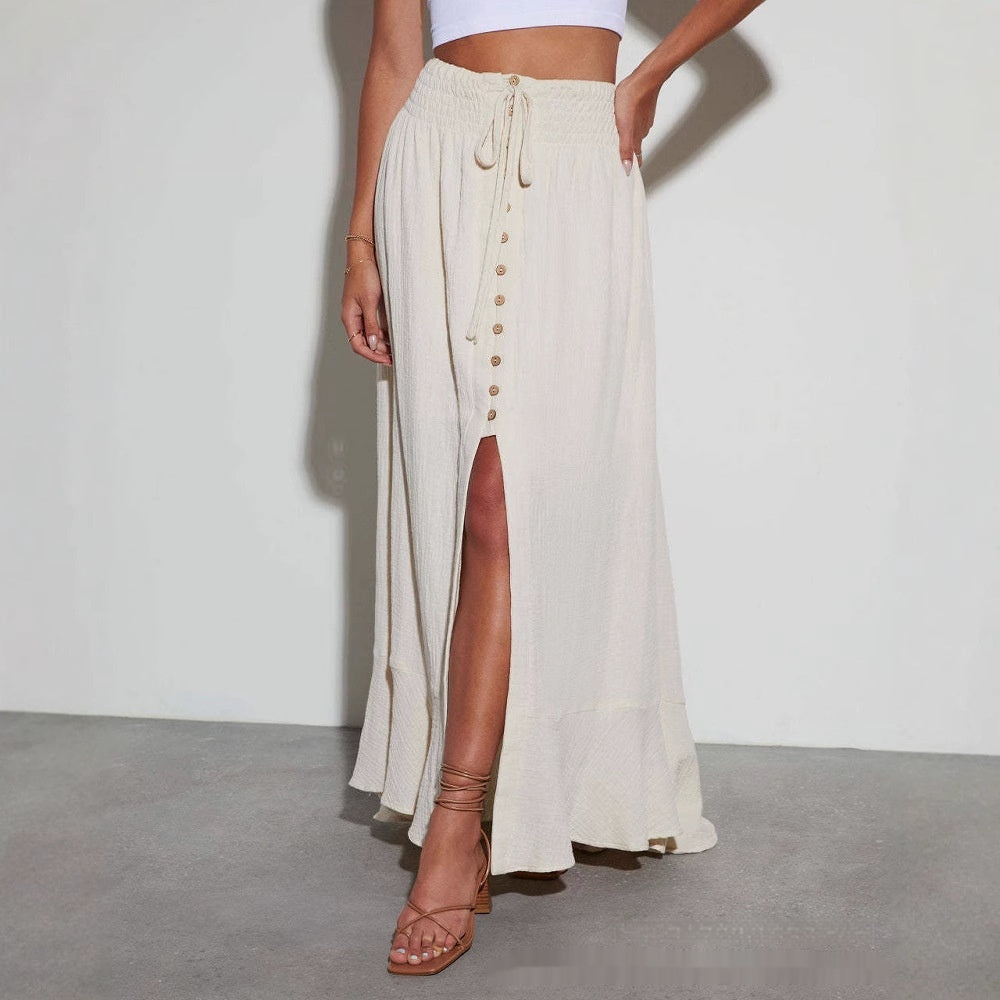 European And American Half-length Solid Color Lace-up Waist-slimming Long Dress