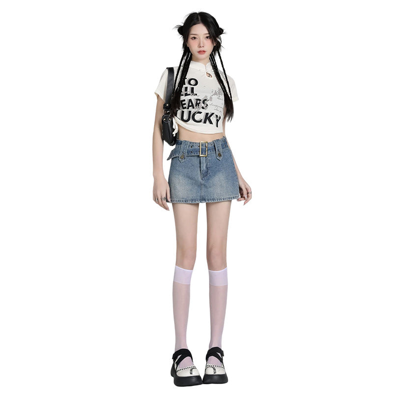 line Figure-flattering Vintage-style Lined Blue Denim Skirt For Women