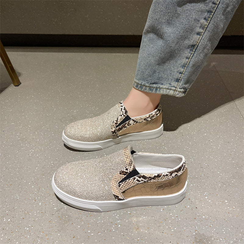 Flat Bottom Snake Pattern Pumps Female Sequins Round Toe Board Shoes