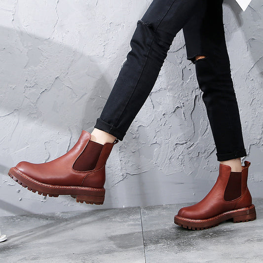 New Velvet Leather Boots Women's First Layer Cowhide British Style Martin Boots