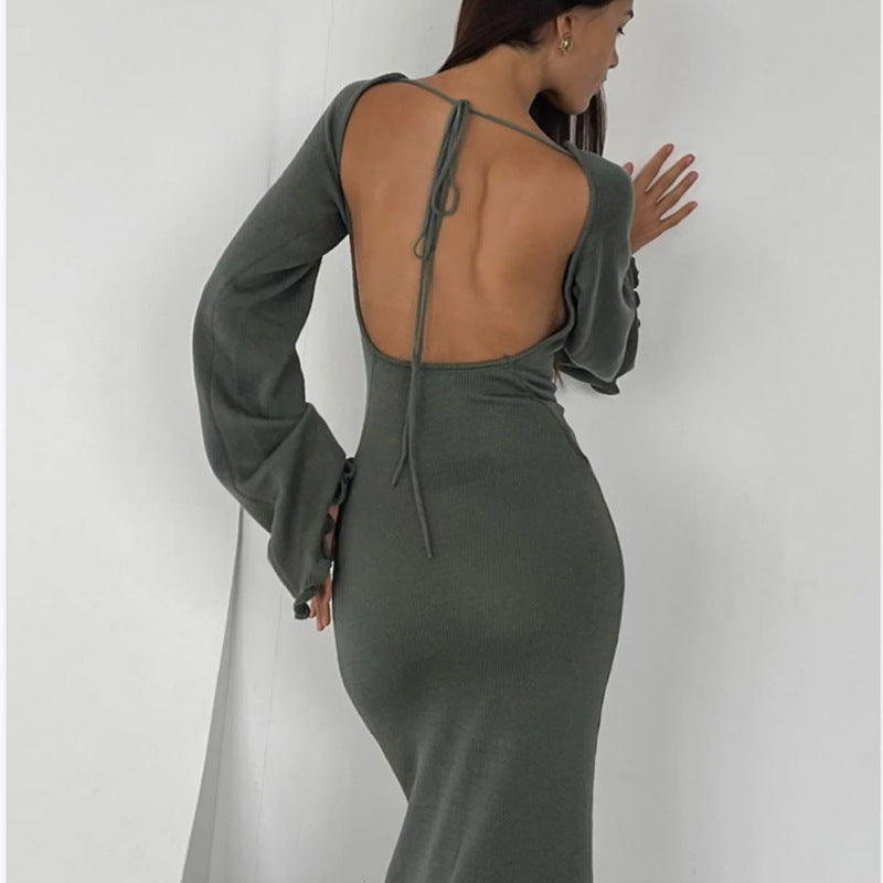 New Solid Color Stringy Selvedge Backless Knitted Long Dress For Women