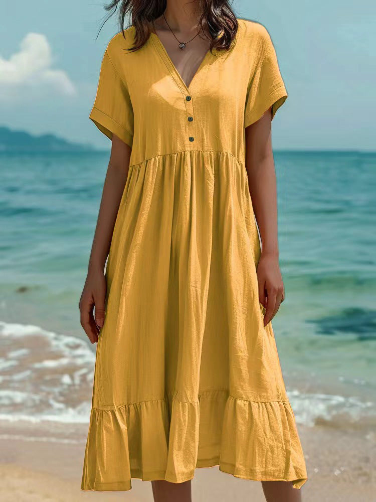 Solid-color Short-sleeve Fashionable Pleated Dress