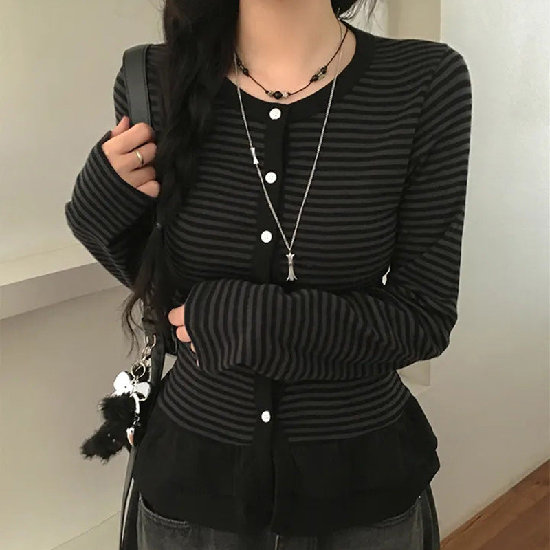 Retro Cake Hem Cardigan Stribet Crewneck Bluse til damer