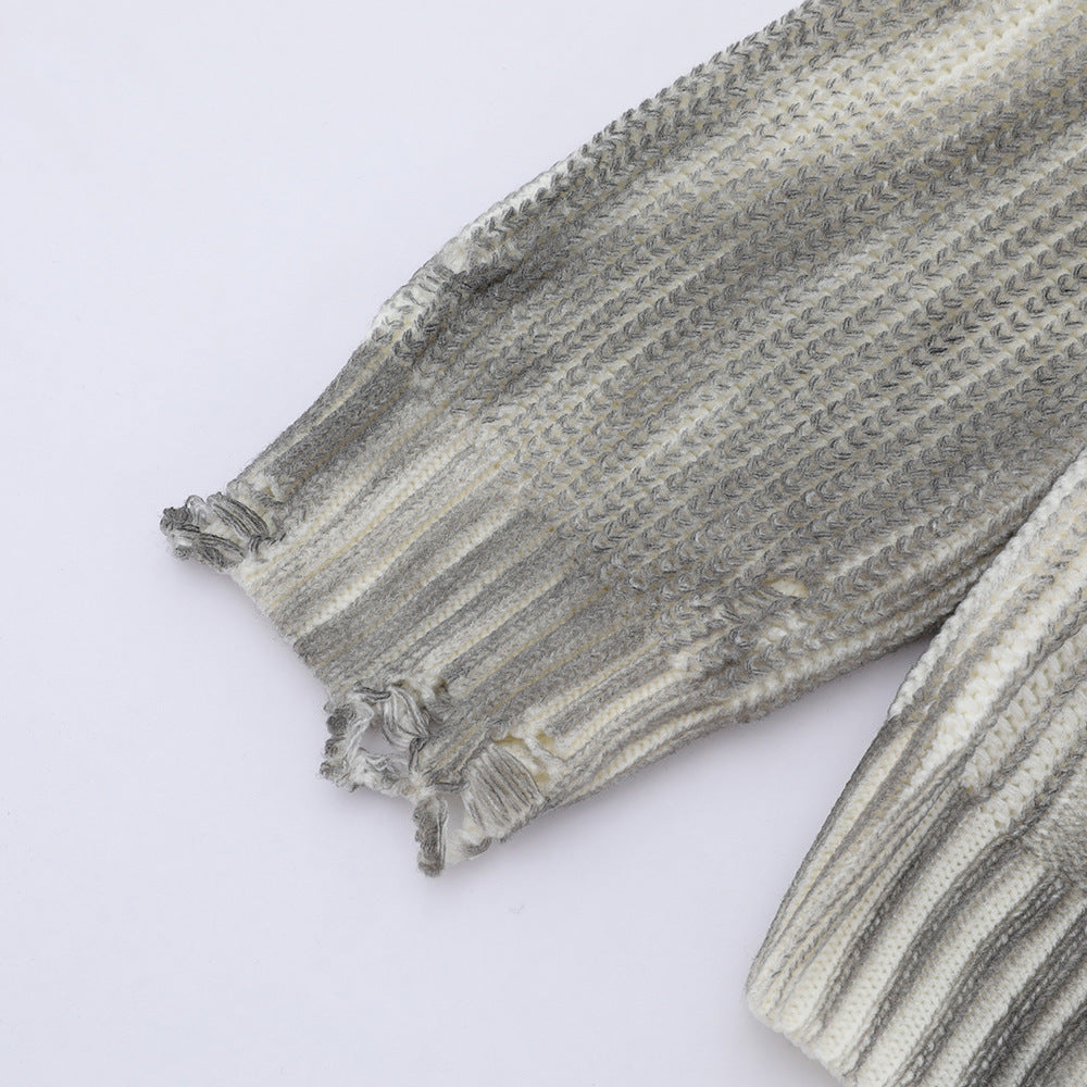 Distressed Dirty Round Neck Men's Spring And Autumn Sunken Stripe Twist Crocheted Ripped Pullover Sweater