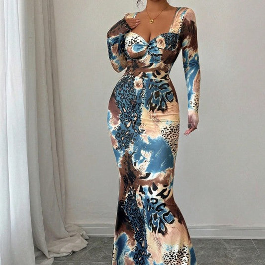 Long-sleeved Printed Dress With A Tie-front Design At The Chest