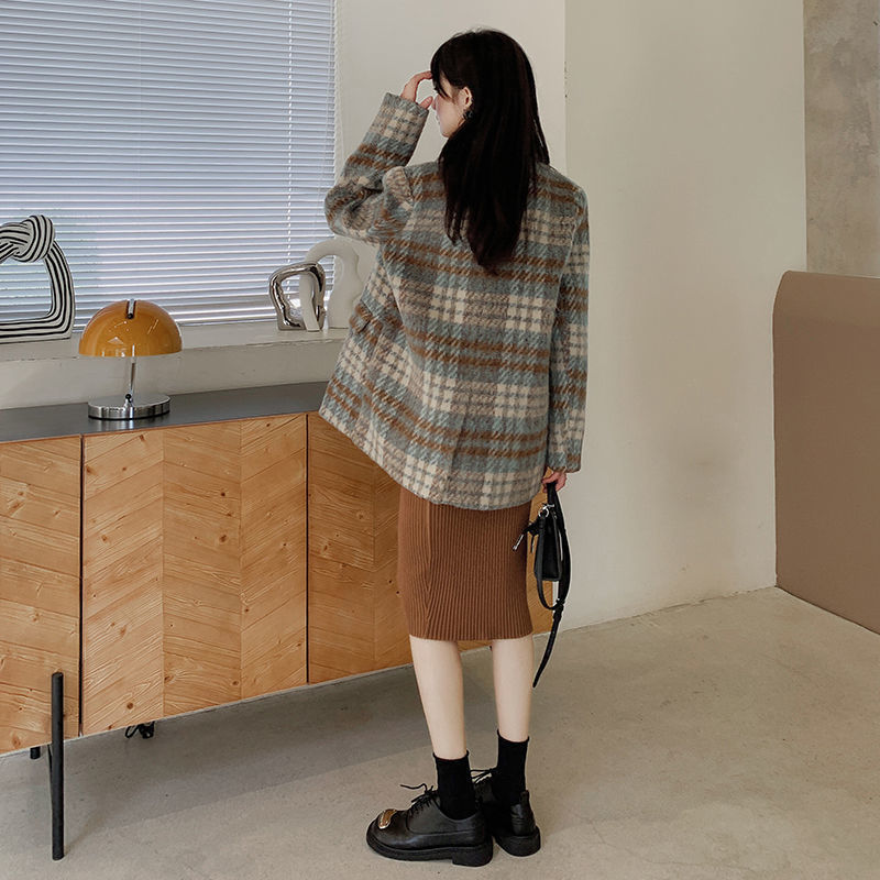 Women's New High-end Woolen Coat Thickened Plaid