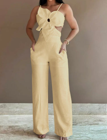 Women's White Three-dimensional Flower Design Sling One-piece Trousers