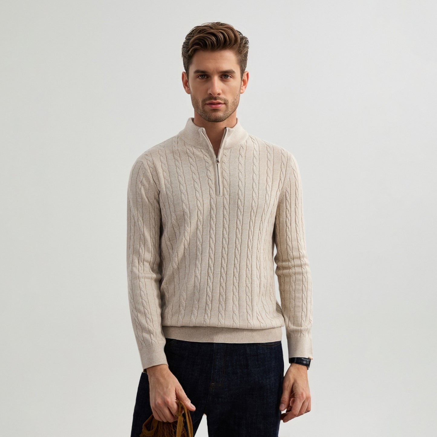 American Old Money Style Stand Collar Twisted Men's Casual Zipper Sweater