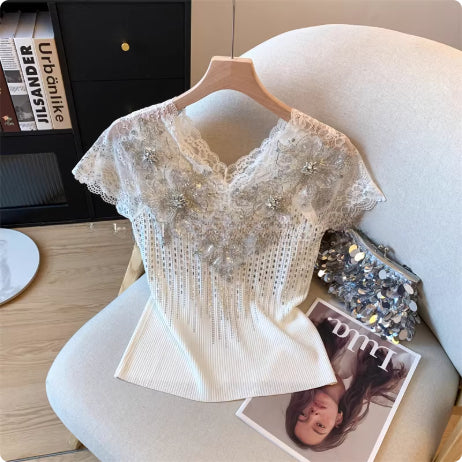 Exquisite Rhinestone Lace V-neck Knitted Women's Flounced Sleeve Top