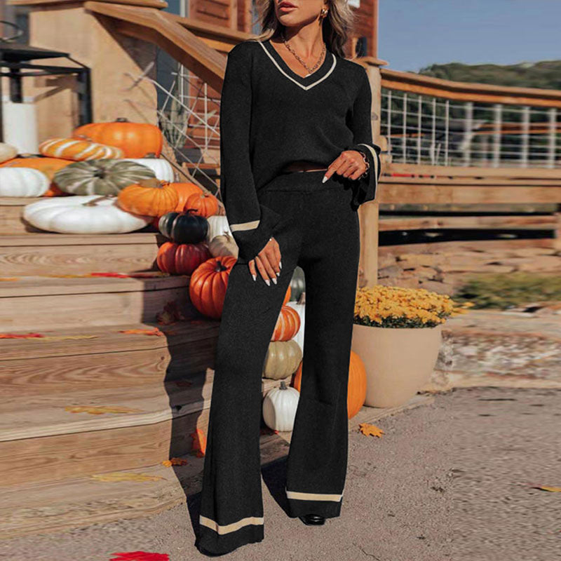 New European And American Autumn And Winter Leisure Contrast Color Two-piece Set For Women