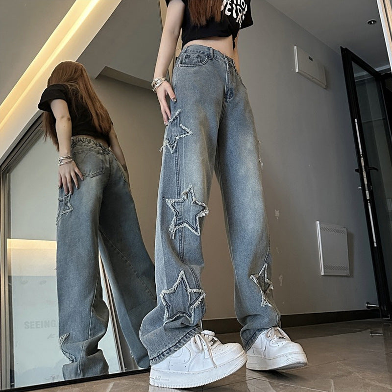Blå XINGX Broderede Jeans Dame Løse Bukser med Lige Ben og Vide Ben