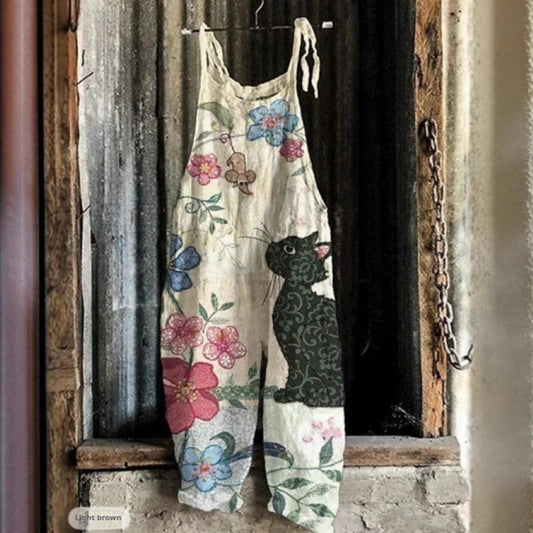 Womens Retro Sleeveless Jumpsuit With Floral Print And Suspender Straps
