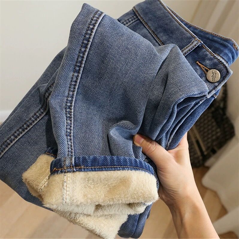 Fleece  And Thick Blue High-waisted Daddy Jeans For Children Fall Winter