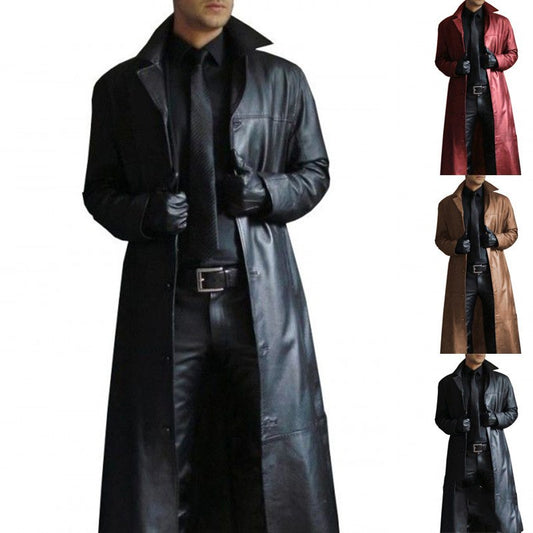 Men's Lapel Color Windbreaker Style Slim Leather Long Leather Jacket