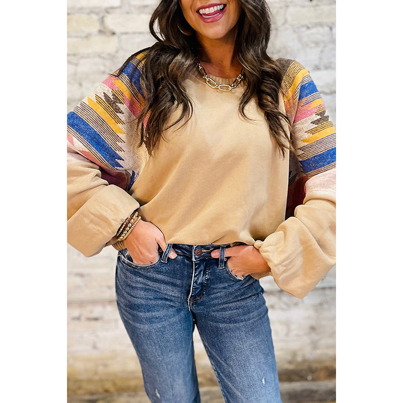 Women's Color Matching Printed Loose Long Sleeves Top