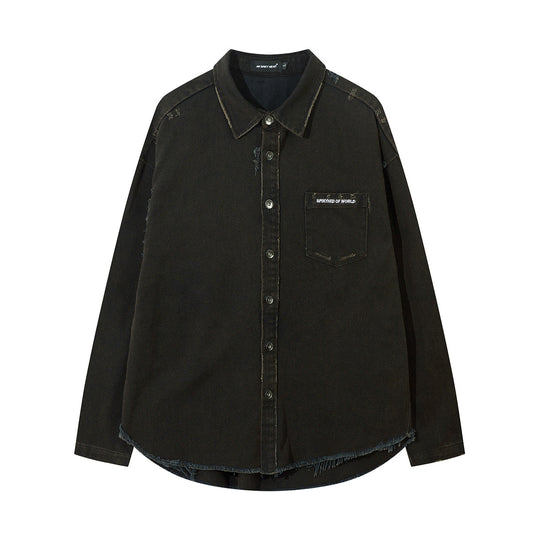 Men's Damaged Washed Denim Cross Printed Shirt