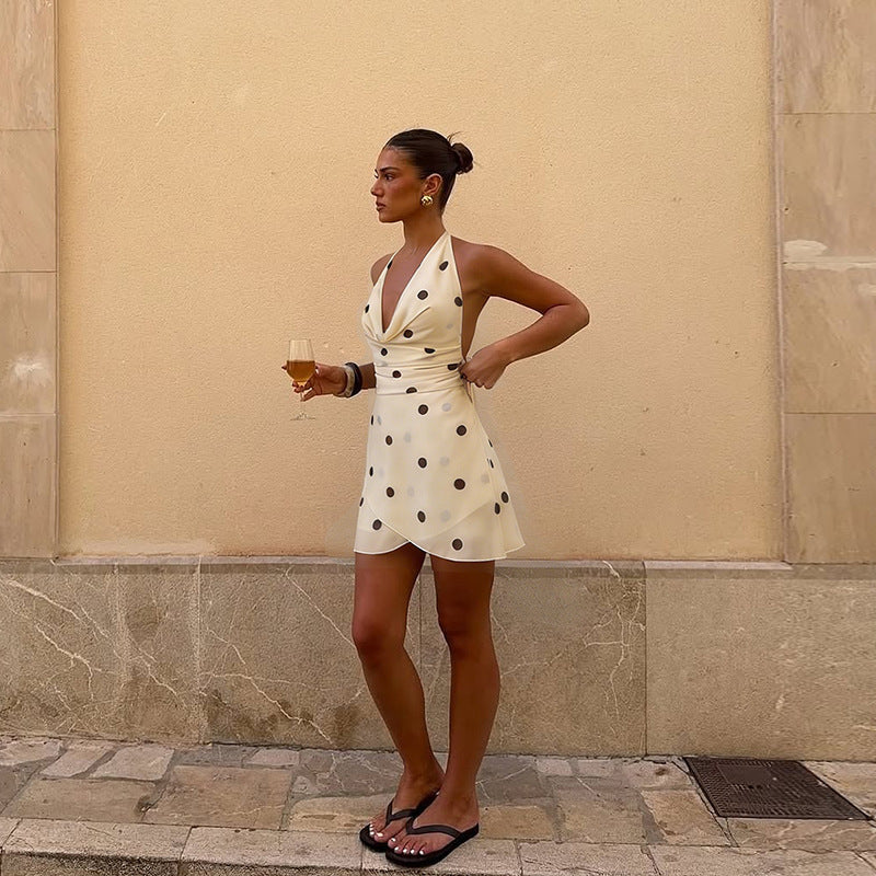 French Retro V-Neck Slimming Polka-Dot Slip Dress