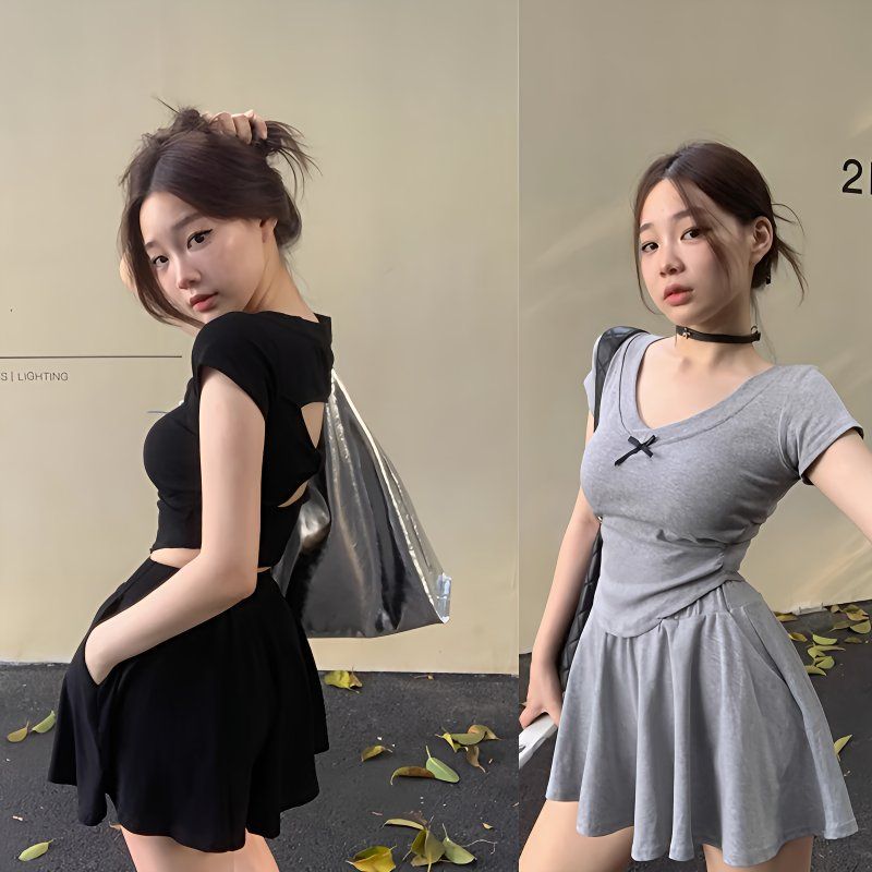 Summer Gray High-waisted Skirt Two-piece Set