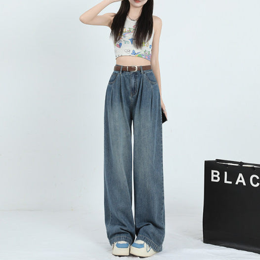 Koreansk stil vidde bukser høj talje løse plisserede lige "Mop" jeans