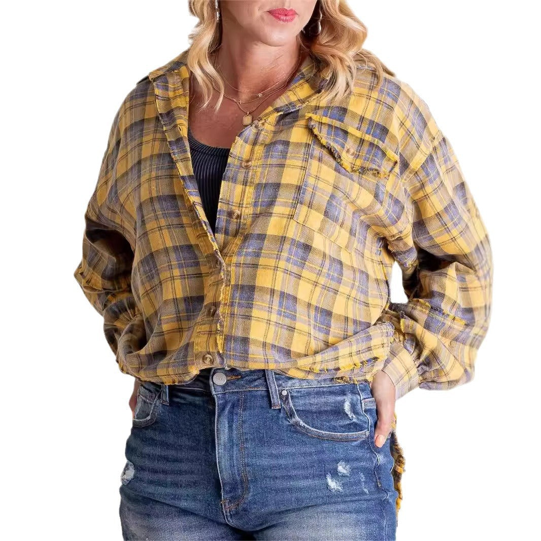 Tassel Long Sleeve Top Loose Casual Plaid Shirt Coat