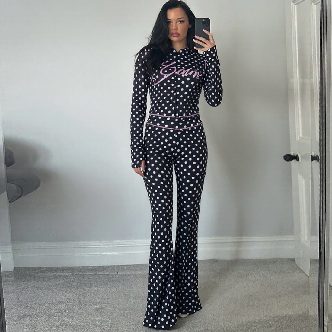 Womens Polka Dot Letter Print Top And Pants Set