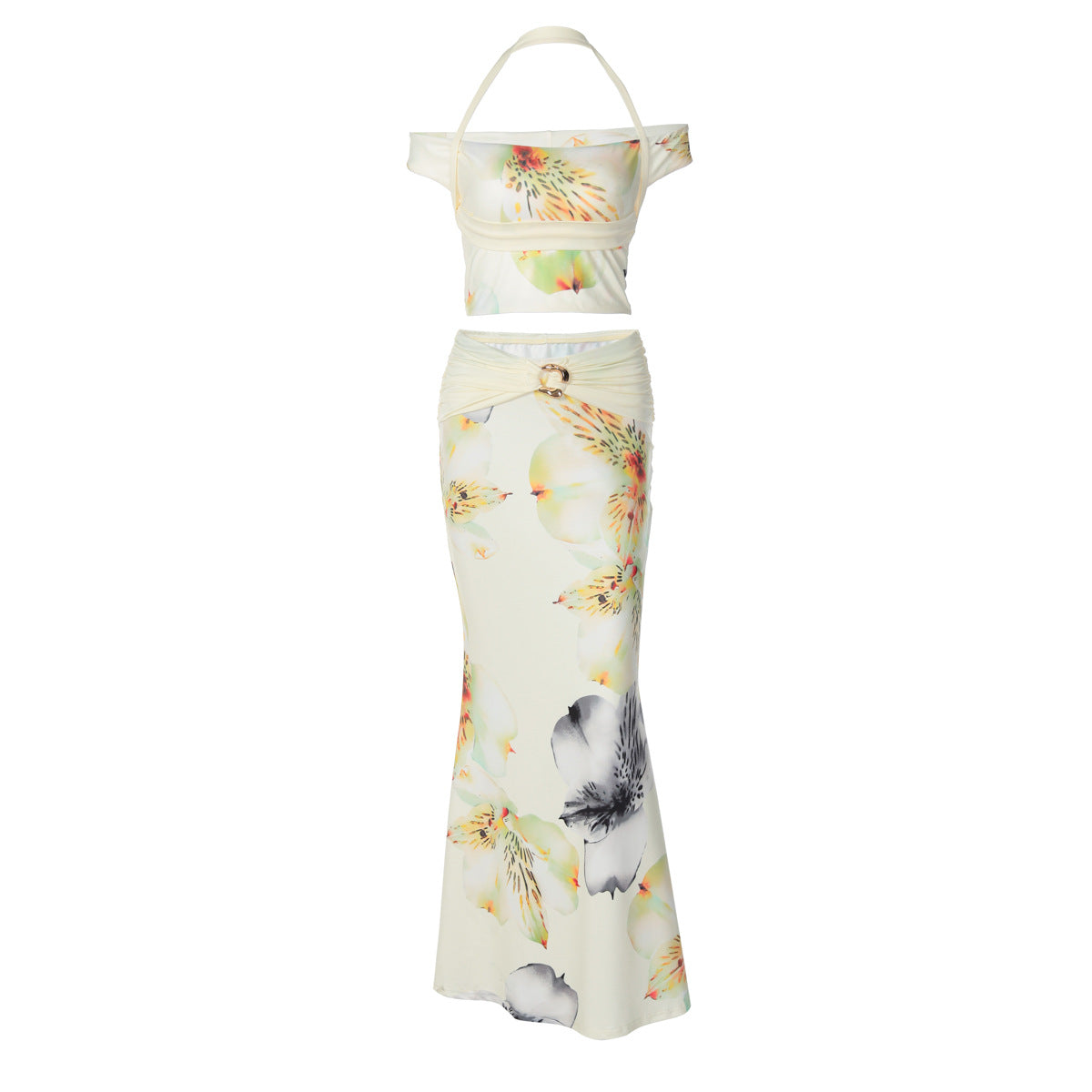 Sexy Backless Halter Top Slim-fit Printed Dress Two-piece Set