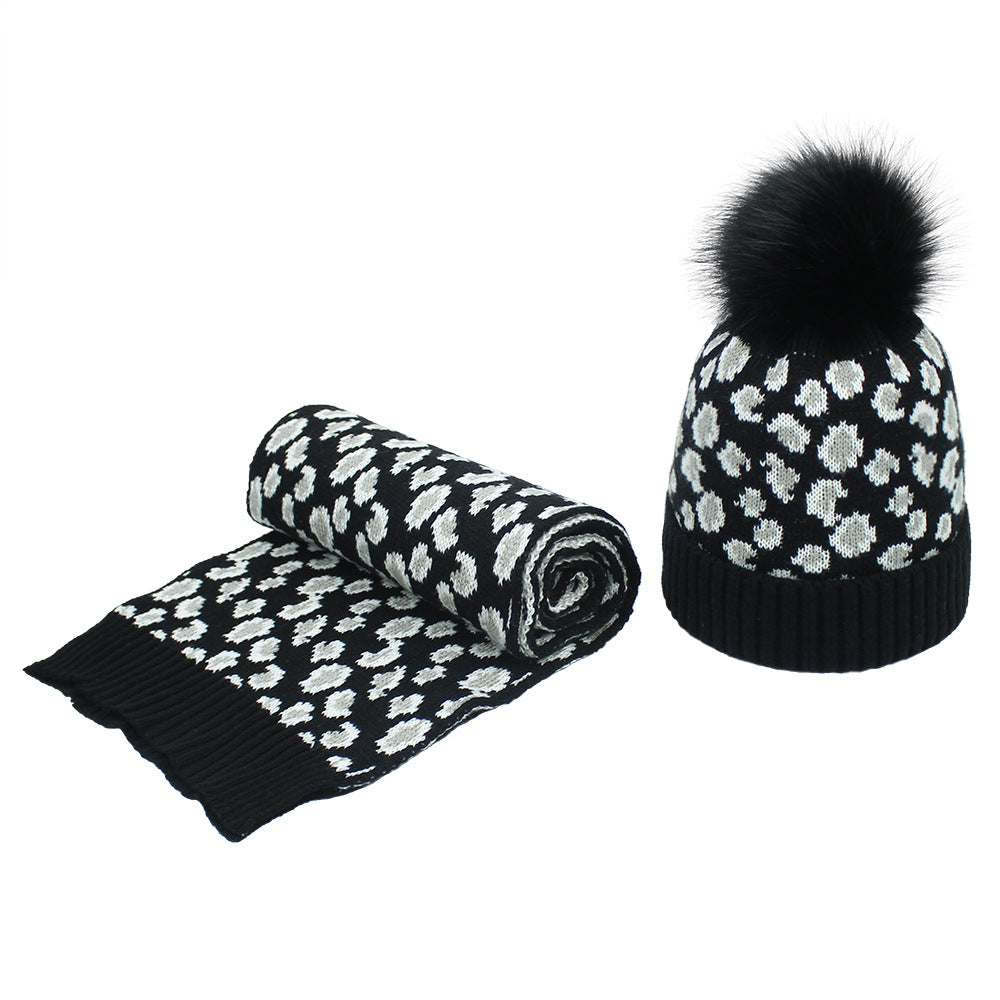 Women's Autumn And Winter Leopard Print Hair Ball Hat Scarf Set