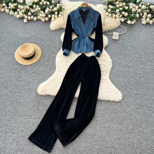 Chic Niche-style Blue Denim Spring Set With A French-inspired Cinched Waist For A Slimming Trendy Look