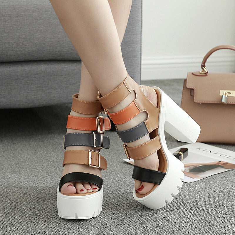 Colorblock Roman Fish Mouth Chunky Heel Platform High Heels