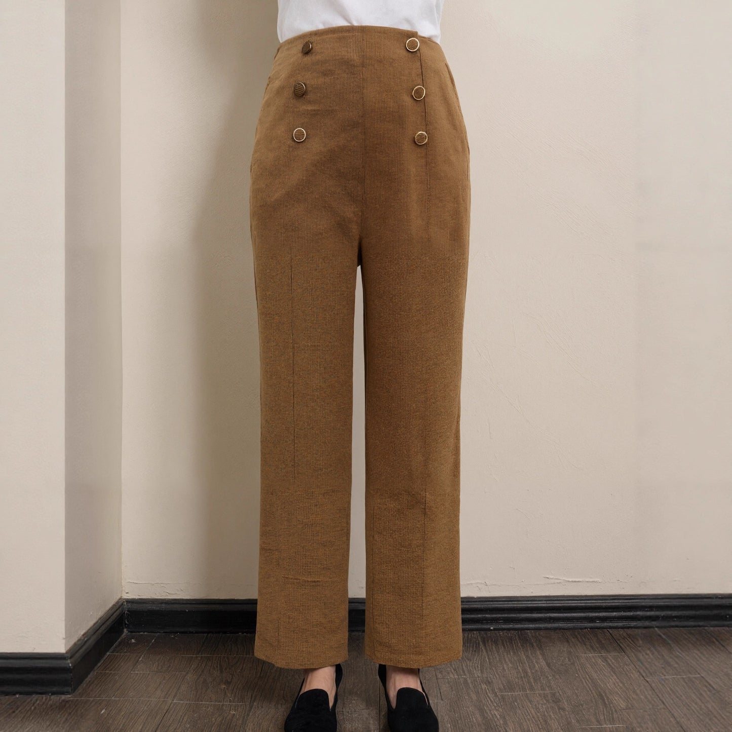 Women's Pit-stripe Buttoned Slim-fit Straight-leg Trousers