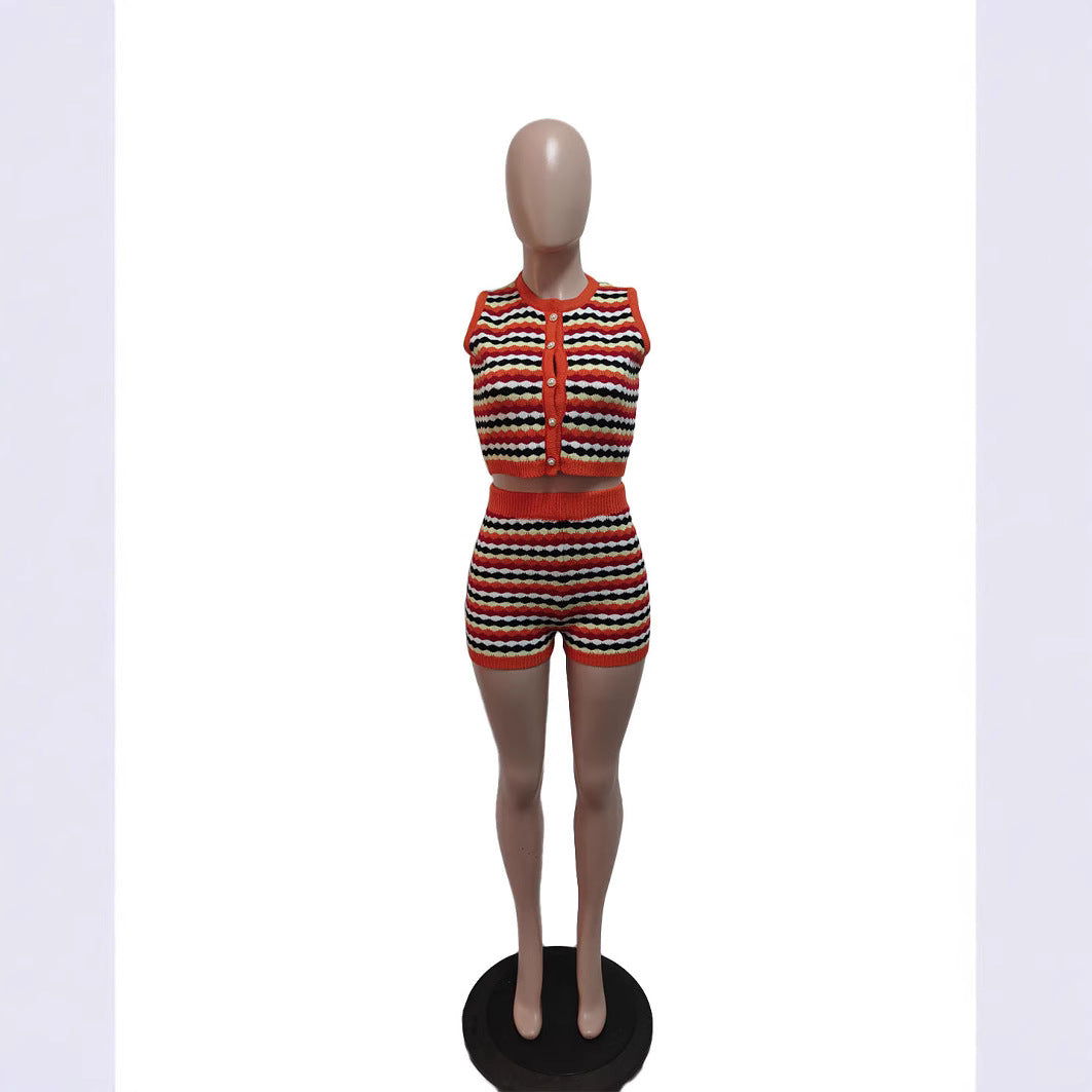 Sexy Women's Knitted Short Sleeve Shorts Set
