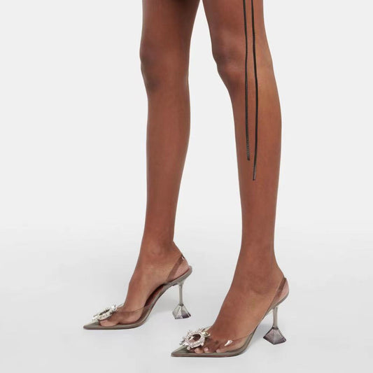 Sunflower Transparent Crystal Diamond Buckle Horseshoe Heel Pointed High Heels