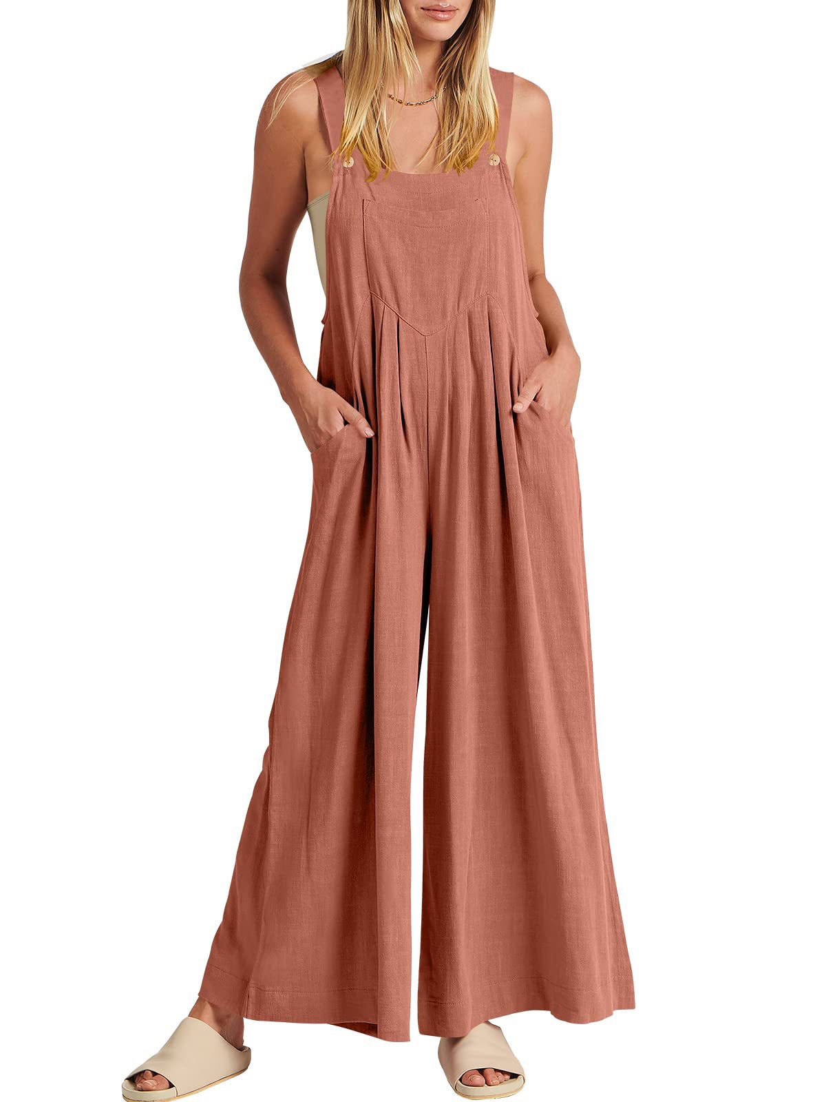 Women's Solid Color Loose Casual Cotton And Linen Suspender Jumpsuit