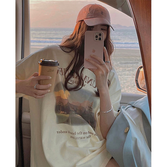 Retro Short Sleeve T-shirt Women's Casual Loose Mid-length Top