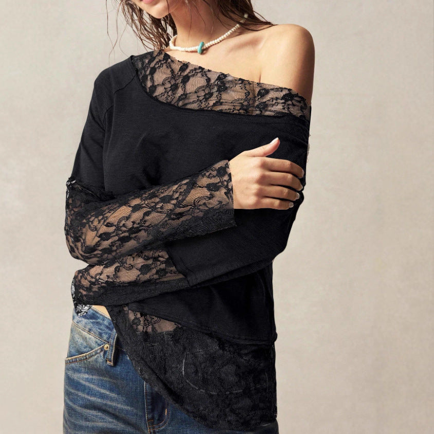 Versatile Casual Fashionable And Elegant Long-sleeve Top With A Slash Neckline