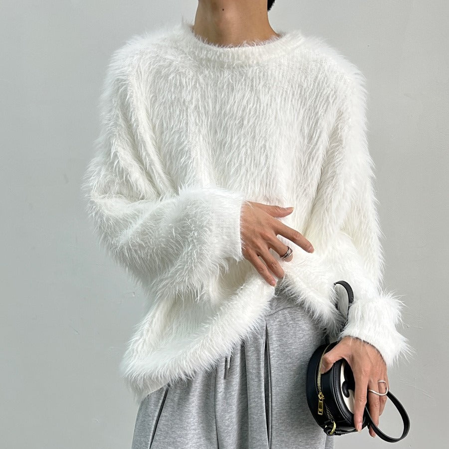 Ensfarvet all-match rundhalset pullover fortykket mink-sweater til mænd