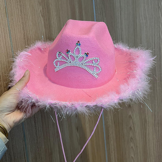 Western Denim Big Brim Sun-proof Rhinestone Crown Fedora Hat