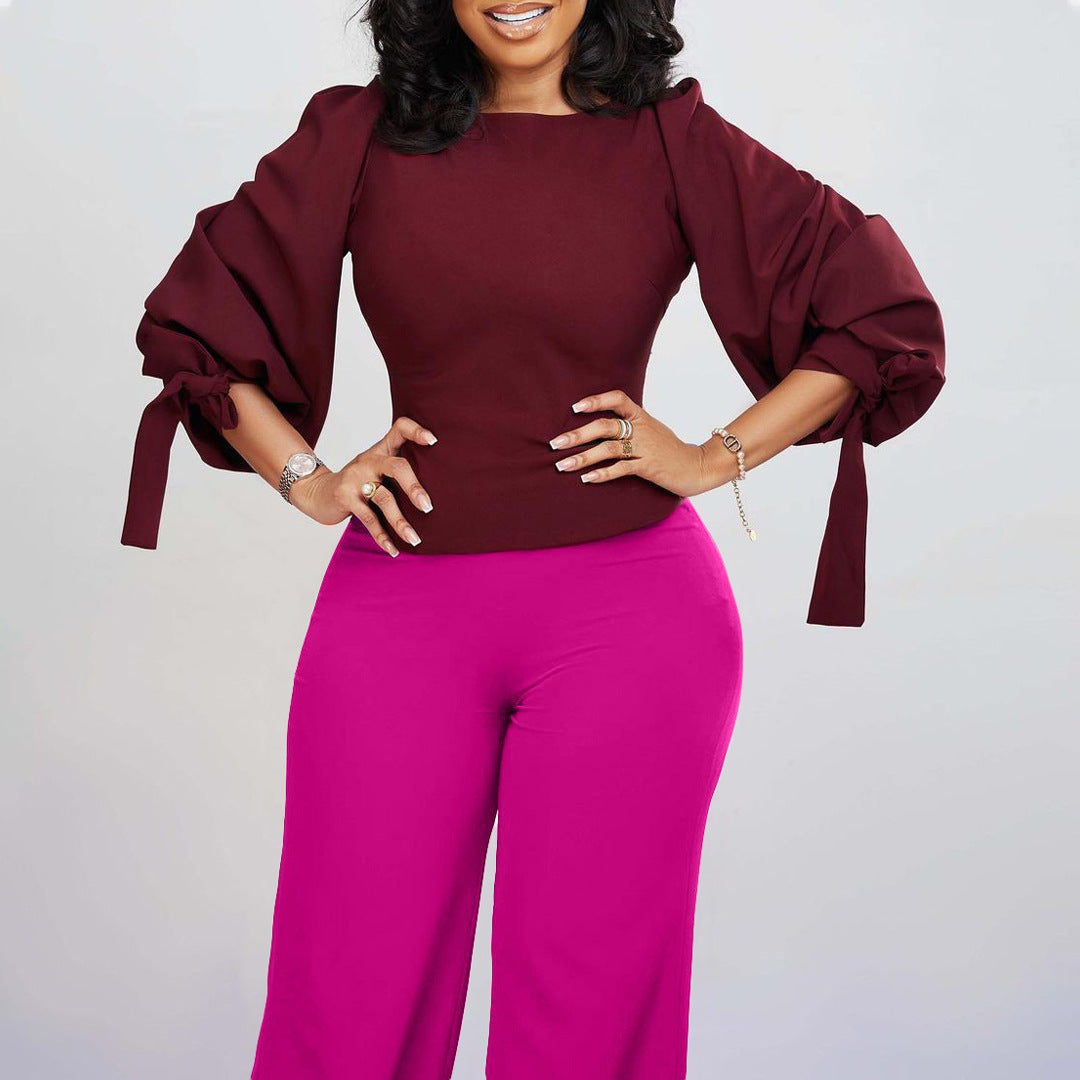 New Casual Set Loose Large Size Tie-up Top High Waist Wide Leg Pants Set