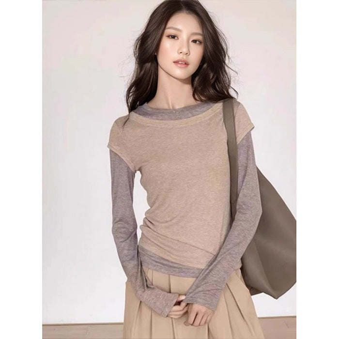 Women's Long Sleeve Faux Two Piece T Shirt Top
