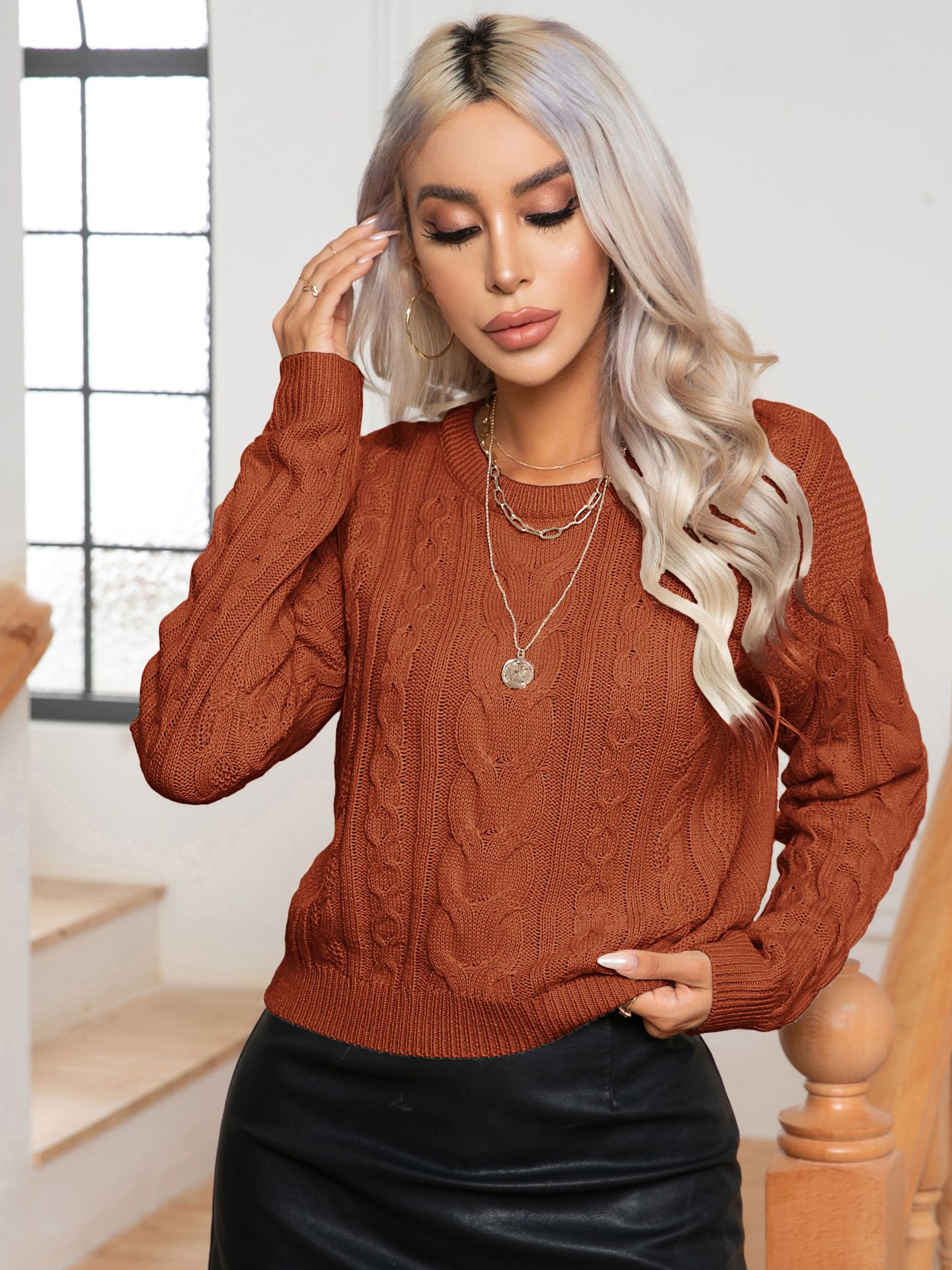 Womens Retro Cable-Knit Long-Sleeve Knitted Pullover Sweater