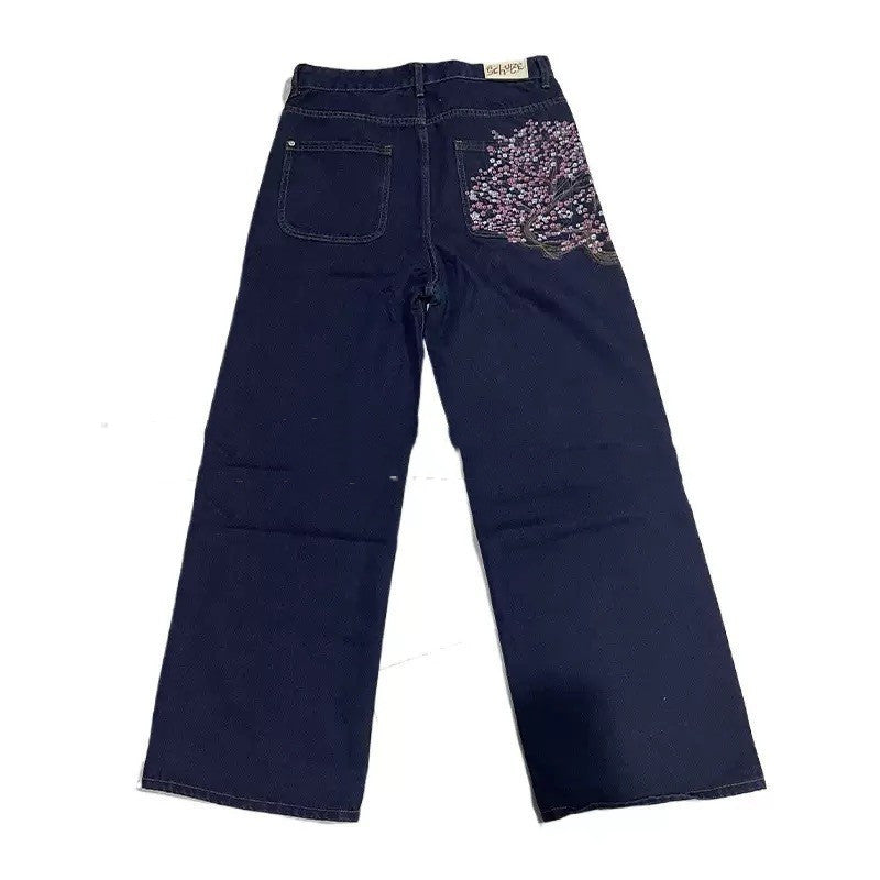 Digital-print Floral Faux Denim Straight-leg Floor-length Pants 3D