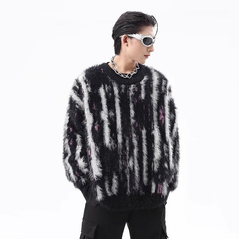 High Street Kontrastfarvede Lodrette Striber Rund Hals Efterår Vinter Retro Doven og Løs Minklignende Sweater