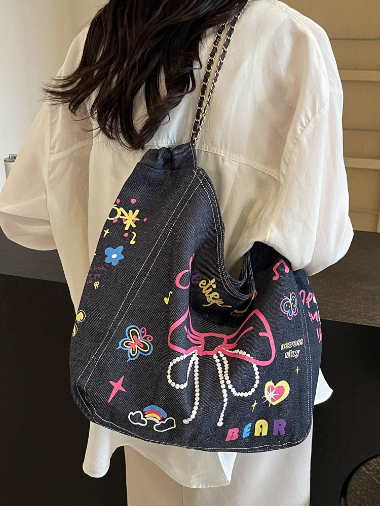 Women's Niche Graffiti Denim Canvas Casual Large Capacity Single Shoulder Bag
