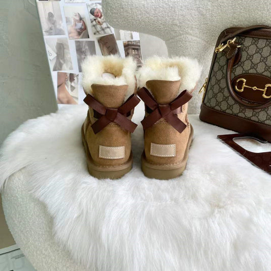 Sheepskin Snow Boots With Single Ribbon For Warmth