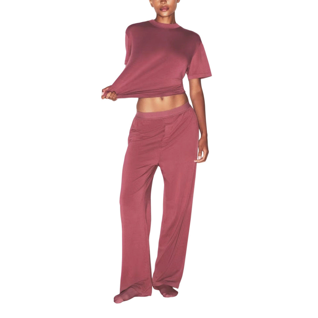 Womens Casual Loose Short-Sleeve Top And Wide-Leg Pants Set