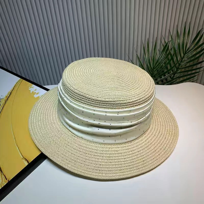 Spring And Summer Short Brim Satin Rhinestone Straw Flat Top Hat Women